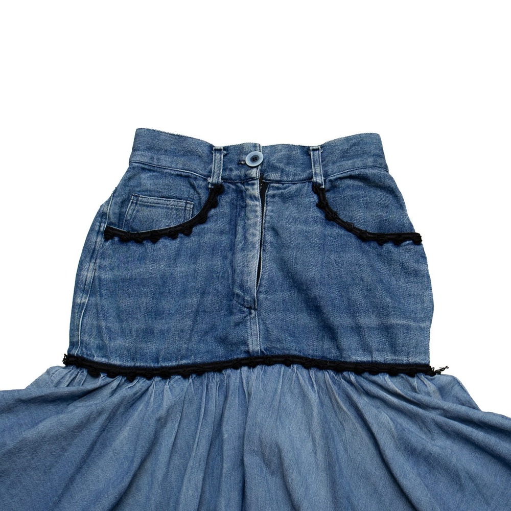 Moschino Vintage Denim Tiered Ruffle Maxi Skirt Blue Black Trim Size 42 - Picture 4 of 8